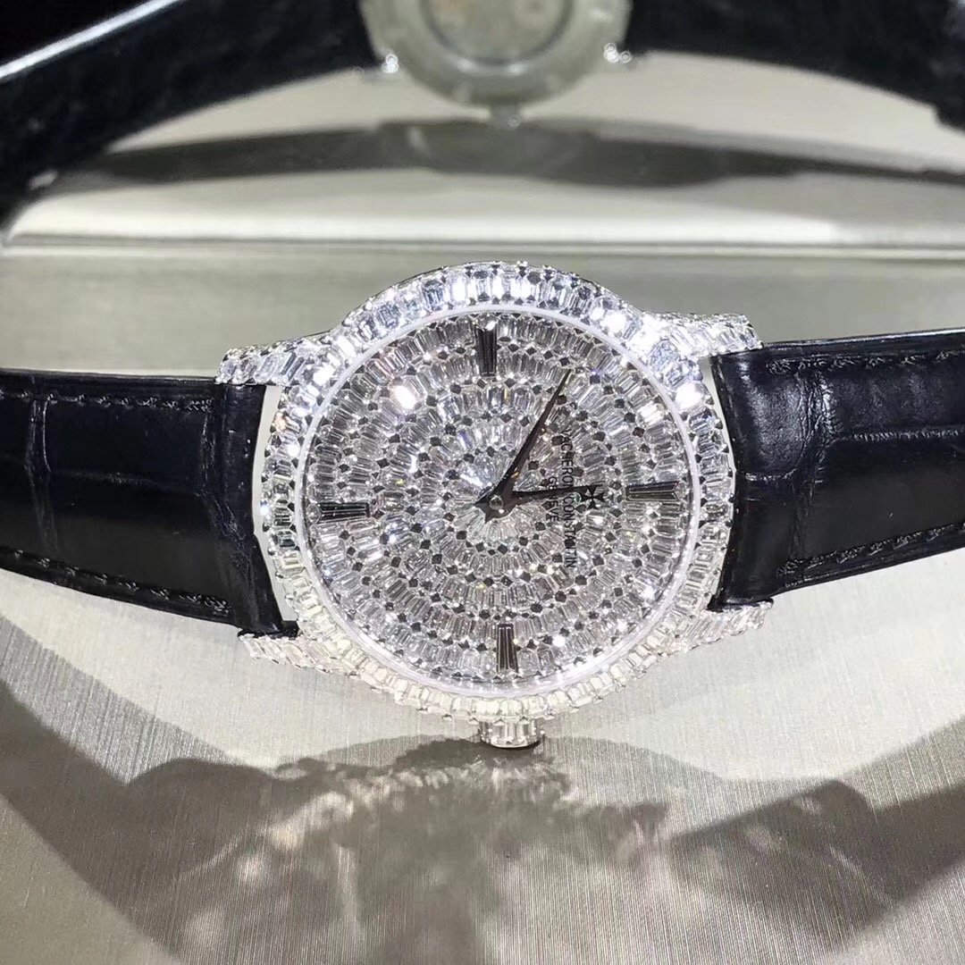 Vacheron Constantin Traditionnelle 18k Gold Full Diamond Leather Strap Watch Custom Made